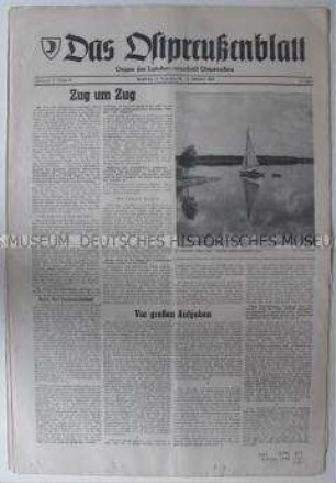Wochenzeitung der Landsmannschaft Ostpreußen u.a. zum Rücktritt Adenauers und zur Inspektionsreise Chruschtschews