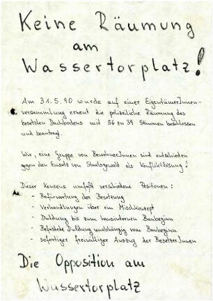 Flugschrift: Keine Räumung am Wassertorplatz! 1990