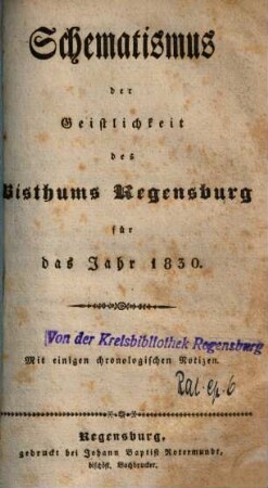 Schematismus des Bistums Regensburg, 1830