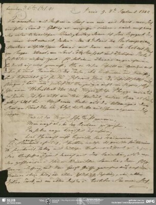 Eigenh. Brief von Philipp Joseph von Rehfues an August Wilhelm von Schlegel, Paris, 08.09.1842
