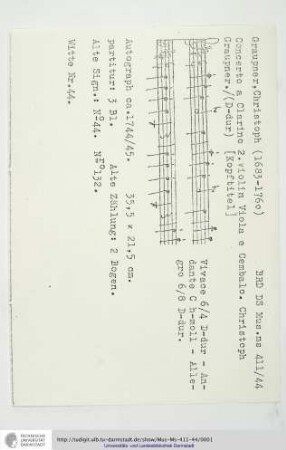 Concerto a Clarino 2. Violin Viola e Cembalo. Christoph Graupner.