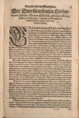Vorrede ueber die Euangelia. Der Durchleuchtigen Hochgebornen Fürstin / Frauen Elisabeth / gebornen Marggraefin zu Brandenburg / Hertzogin zu Braunschweig und Luenenburg / Witwe / meiner genedigen Frauen.