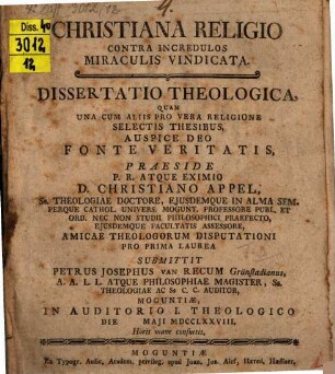 Christiana religio contra incredulos miraculis vindicata