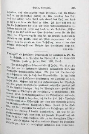 615-617 [Rezension] Schmid, Alois von, Apologetik als spekulative Grundlegung der Theologie