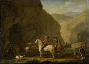 Gebirgslandschaft mit heimkehrender Jagdgesellschaft