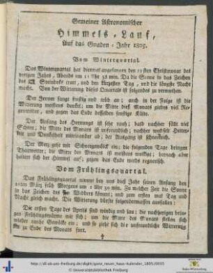 Gemeiner Astronomischer Himmels-Lauf, Auf das Gnaden-Jahr 1805.