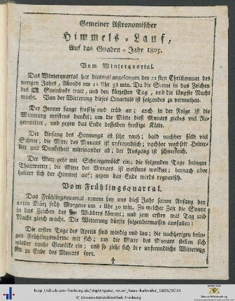 Gemeiner Astronomischer Himmels-Lauf, Auf das Gnaden-Jahr 1805.