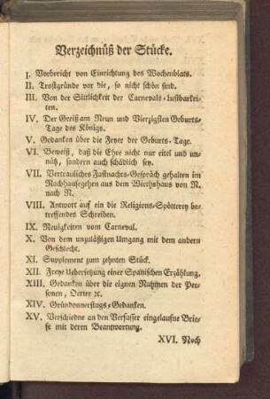 Verzeichnüß der Stücke