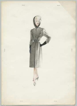 Ein wadenlanger Mantel mit Gürtel, Kopftuch und Handschuhen (Archivtitel)