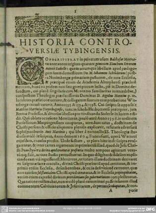 [Pars I.] Historia Controversiae Tybingenis