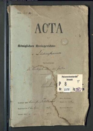 Protokollakten des Kreisgerichts Lüdinghausen mit den Orten Ascheberg, Bockum, Bork, Drensteinfurt, Herbern, Lüdinghausen, Olfen, Selm, Senden, Seppenrade, Walstedde (Juden T 1867-1873)