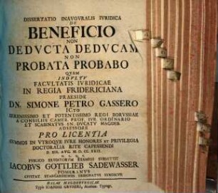 Diss. inaug. iur. de beneficio Non deducta deducam, non probata probabo