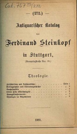 Antiquarischer Katalog von Ferdinand Steinkopf in Stuttgart. 272. 1881