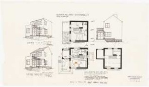 Einfamilienwohnhaus: Perspektivische Ansicht: a) mit Flachdach, b) mit Satteldach, Grundrisse und Ansichten 1:100