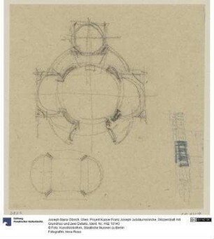 Wien, Projekt Kaiser Franz Joseph Jubiläumskirche, Skizzenblatt mit Grundriss und zwei Details