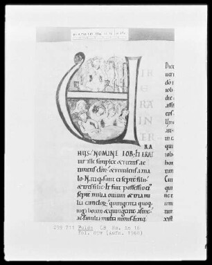 Biblia latina, pars 2 — Initiale V (ir erat), darin zwei Szenen mit Hiob, Folio 89verso
