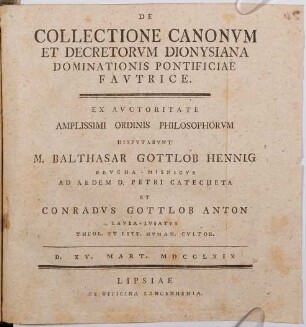 De collectione canonum et decretorum Dionysiana dominationis pontificiae fautrice