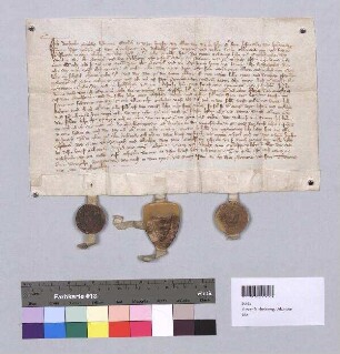 Bertholt ("Berhtolt") Stuchs und seine Ehefrau Elsbet geben Revers über die ihnen von Walther, Abt des Klosters Michelsberg zu Bamberg, mit Zustimmung des Obleiers verliehenen zwei Zinslehen ("gebaurs lehn") zu Etzelskirchen ("Etzelnkirchen"). Siegelbitte geht an Konrad ("Chunrat") Cratz von Sampach und Albrecht von Egloffstein ("Albreht von Eglolfstein"). - S 1 = A 1, S 2 = Konrad Cratz von Sampach, S 3 = Albrecht von Egloffstein