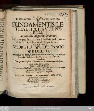 Dissertatio Inavgvralis Medica De Fundamentis Lethalitatis Vulnerum