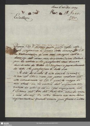 Mscr.Dresd.App.3140,1. - Eigenh. Brief von Johann Joachim Winckelmann an Graf Wackerbarth-Salmour, Rom, 22.12.1759