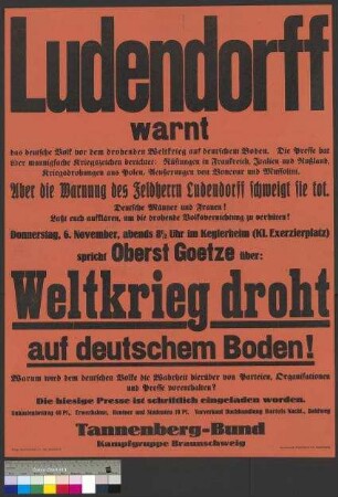 Plakat des Tannenbergbundes zu einer Rede des Oberst [Friedemann] Goetze am 6. November 1930 in Braunschweig