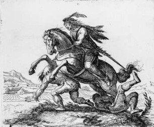 Dreißigjähriger Krieg: Reitender Soldat reitet zwei Bauern nieder