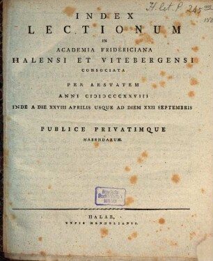 Index lectionum in Academia Fridericiana Halensi cum Vitebergensi Consociata ... publice privatimque habendarum. SS 1828
