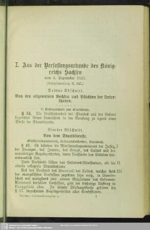 I. Aus der Verfassungsurkunde des Königreichs Sachsen