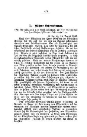 Anbringung von Blitzableitern auf den Gebäuden der staatlichen höheren Lehranstalten : [D. Höhere Lehranstalten]