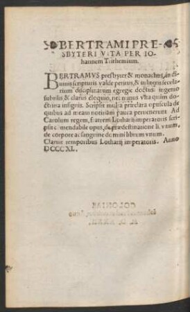 Bertrami Presbyteri Vita Per Iohannem Trithemium.