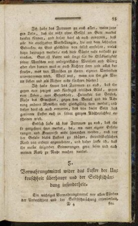 5. Verwahrungsmittel wider das Laster der Unkeuschheit überhaupt und der Selbstschändung insonderheit.