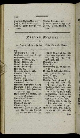 Drittes Register der vorkommenden Länder, Städte und Oerter.