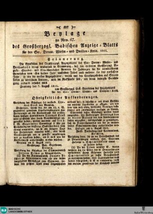 Großherzoglich Badisches Anzeige-Blatt für den See-, Donau-, Wiesen- und Dreisam-Kreis, Beylage des Großherzogl. Badischen Anzeige-Blatts für den See, Donau, Wiesen und Dreisam-Kreis
