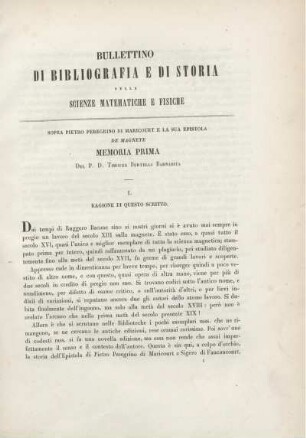 Sopra Pietro Peregrino di Maricourt e la sua Epistola de Magnete Memoria prima. I. Ragione di questo scritto.
