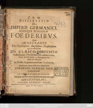 Dissertatio De Imperii Germanici, Eiusque Statuum Foederibus