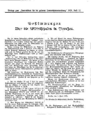 Bestimmungen über die Mittelschulen in Preußen : Beilage zum "Zentralblatt für die gesamte Unterrichtsverwaltung" 1925, Heft 12