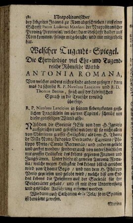 Welscher Tugendt-Spiegel Die Ehrwürdige viel Ehr- und Tugendreiche Römische Wittib Antonia Romana [...]
