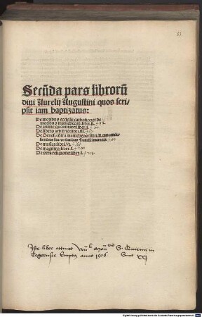 Prima [- Undecima] pars librorum divi Aurelii Augustini ..., 2. Quos scripsit iam baptizatus : 1. De moribus ecclesie catholice: et de moribus manicheoru[m] libri II. 2. De anime quantitate: liber I. ...
