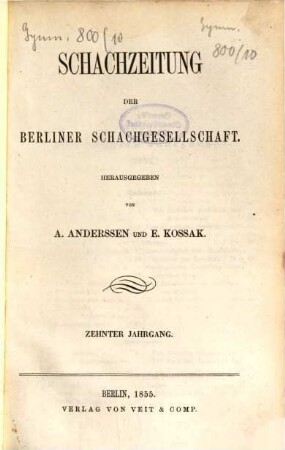 Schachzeitung. 10, 10. 1855