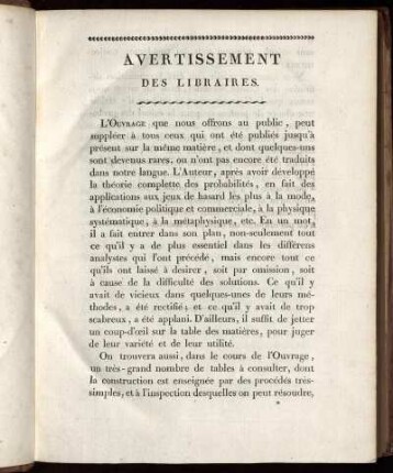 Avertissement des Libraires. Préface.