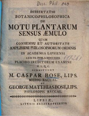 Dissertatio Botanico-Philosophica De Motu Plantarum Sensus Aemulo