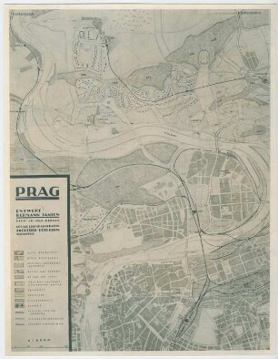 Verkehrs- und Bebauungsplan, Prag-Karlín: Planzeichnung von ⁦Karlín, Bubeneč, Holešovice, Troja, Maßstab 1:5000