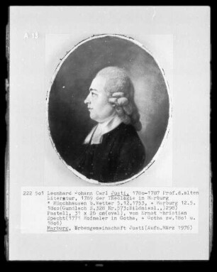 Leonhard Johann Carl Justi (1753-1800), 1780-1787 Professor der Theologie und der alten Literaturwissenschaft in Marburg