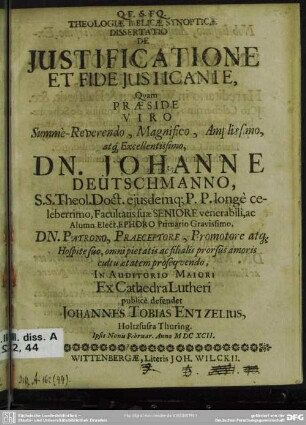 Theologiae biblicae synopticae dissertatio de justificatione et fide justicante [!]