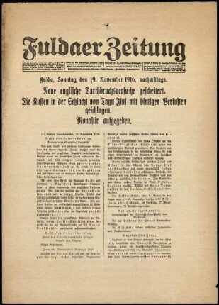 Ausgabe vom Sonntag, den 19. November 1916.