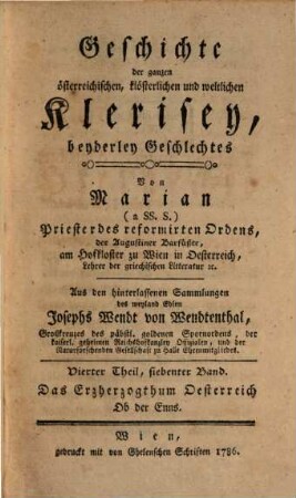 Geschichte der ganzen österreichischen, weltlichen und klösterlichen Klerisey beyderley Geschlechtes, 7. Das Erzherzogthum Oesterreich ob der Enns