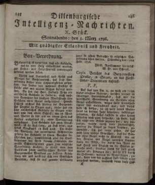 X. Stück. Sonnabends: den 5. Merz 1796.
