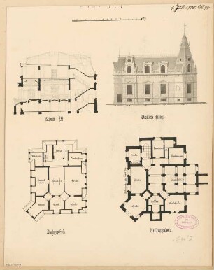 Wohnhaus, Eberswalde Monatskonkurrenz Juli 1880: Grundriss Keller, Dachgeschoss, Aufriss Straßenansicht (Sandgasse), Querschnitt; Maßstabsleiste