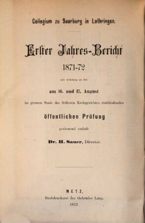 Compte-rendu sur l'année ... = Jahres-Bericht / Collegium zu Saarburg in Lothringen, 1871/72