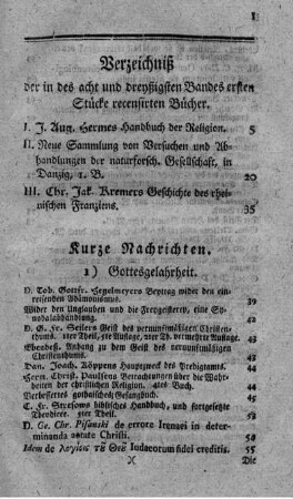 Verzeichniß der in des acht und dreyßigsten Bandes ersten Stücke recensirten Bücher.